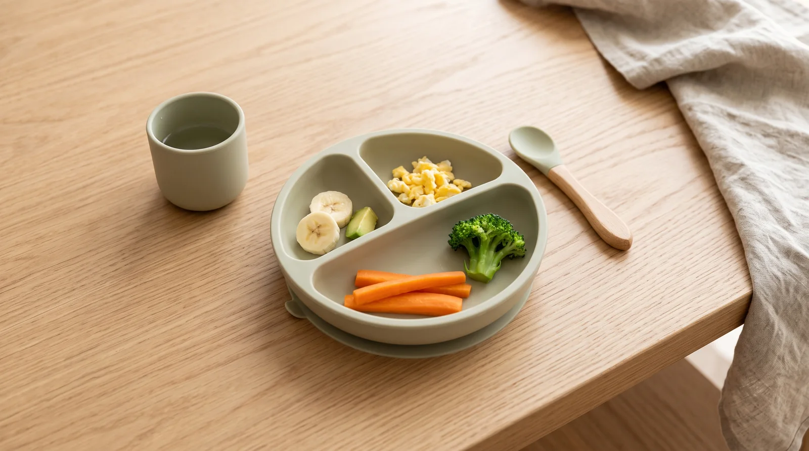 Plato infantil con verduras, fruta y huevo, junto a un vaso y una cuchara